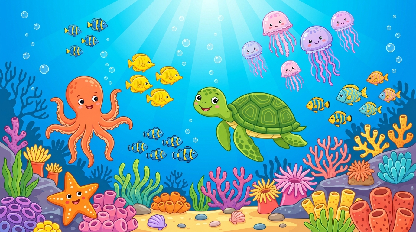 Bunte Unterwasserwelt mit Fischen, Korallenriff und Meerestieren