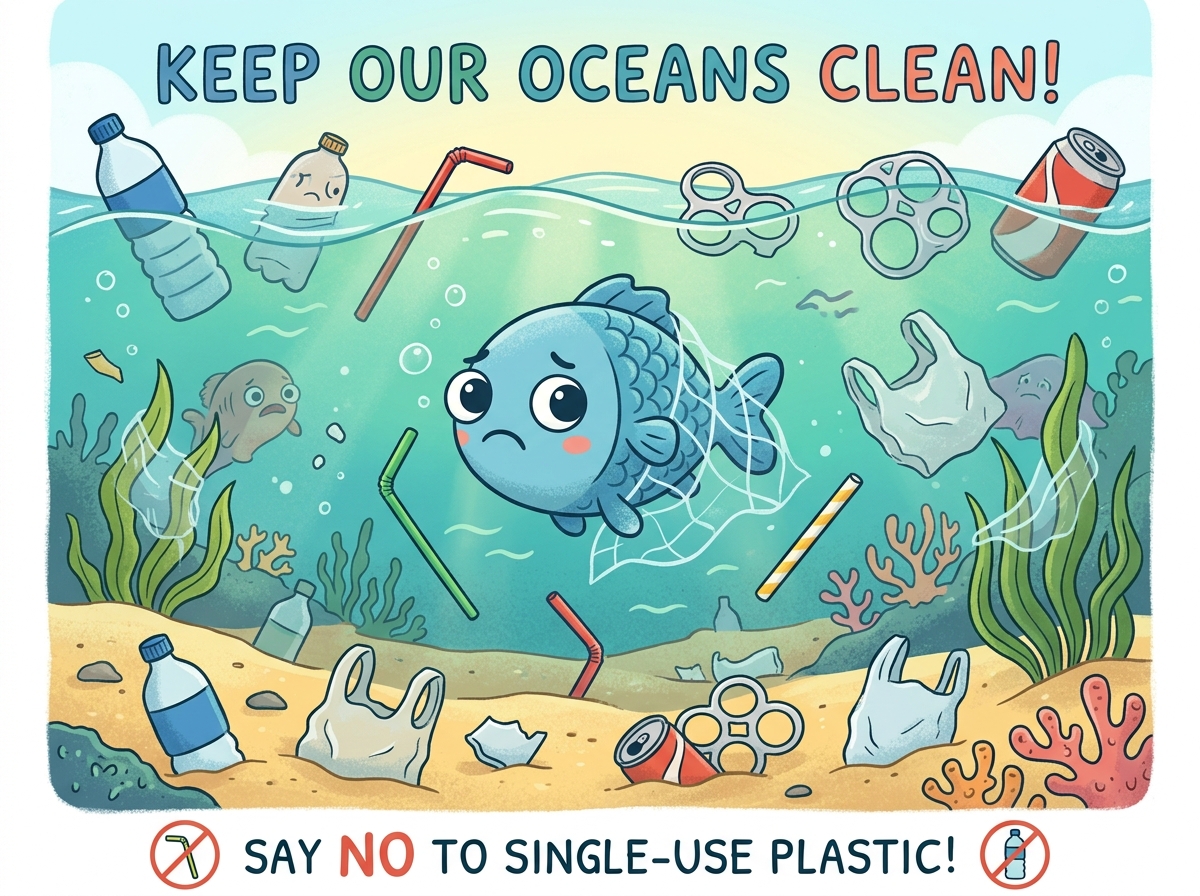 Trauriger Fisch umgeben von Plastikmüll im Meer